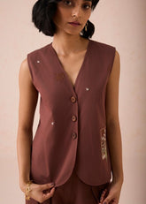 A Model Wearing Brown Cotton Twill The Bright Beginnings Organic Cotton Waistcoat, curated by Only Ethikal